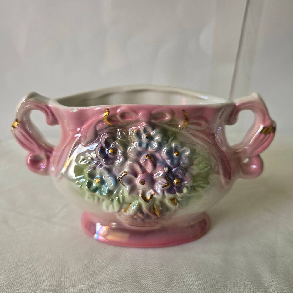 Vintage Iridescent Lusterware Ceramic Floral Planter Sugar Bowl Pink Gold Gilt